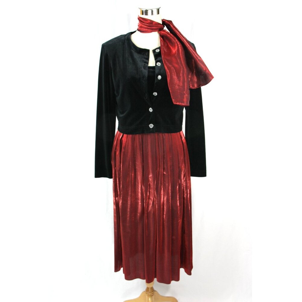 Coldwater Creek Black Velvet Red Satin Cocktail Dress Jacket Scarf Set 6
